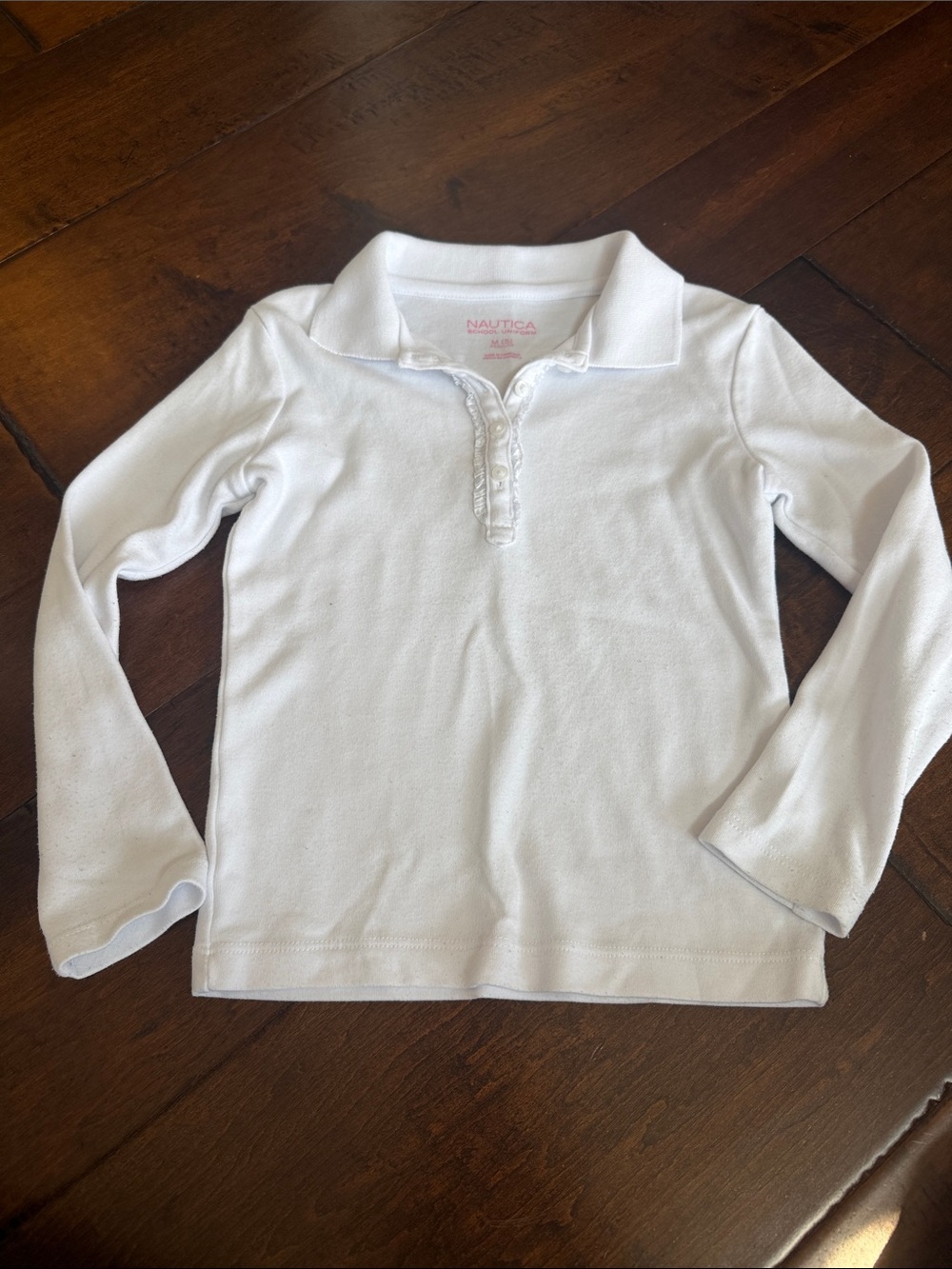 Nautica Girls White Long Sleeve Polo with Ruffle Placket